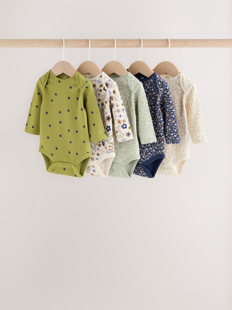 Green Floral Long Sleeve Baby Bodysuits 5 Pack - Green Floral / 12 - 18 Months (80 - 86cm)