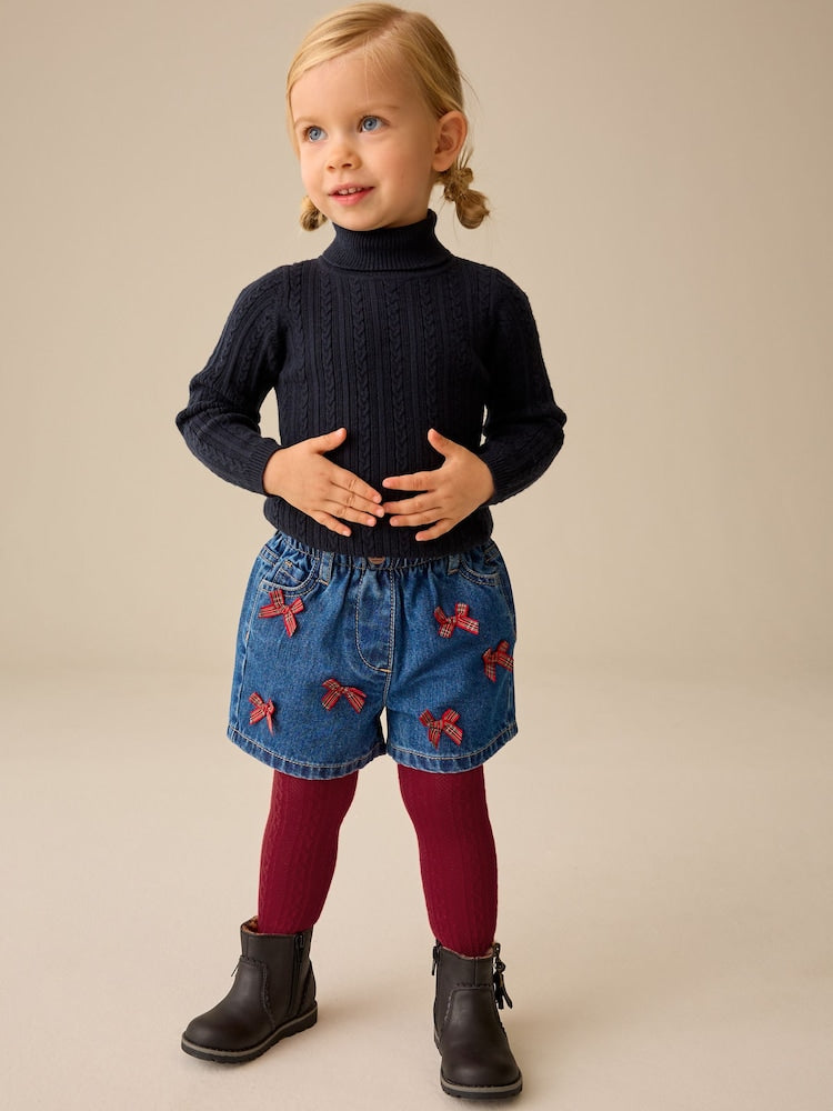 Denim/ Red Tartan Bow Denim Bow Short & Tight Set (3mths-7yrs) - Denim/ Red Tartan Bow Denim Bow / 12-18 Months (80-86cm)