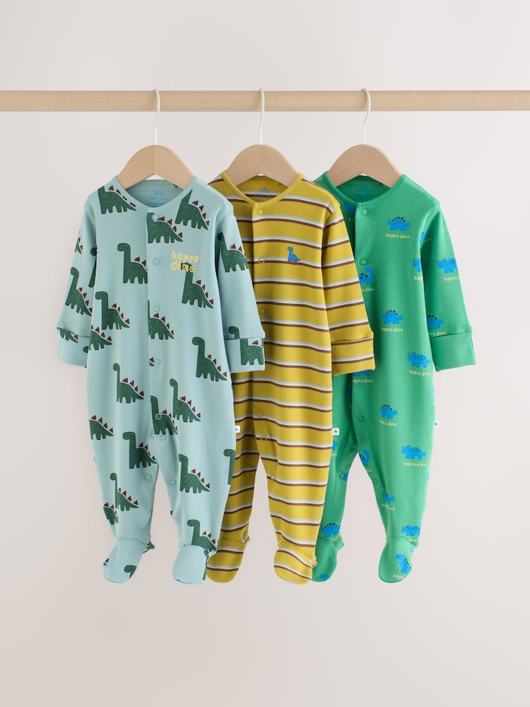 Green Dinosaur Baby Sleepsuits 3 Pack (0mths-2yrs) - Green Dinosaur / 12 - 18 Months (80 - 86cm)