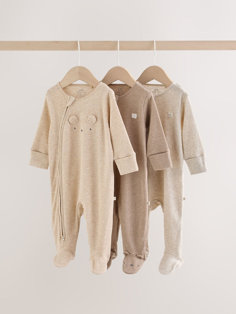Neutral Bear Two Way Zip Sleepsuits 3 Pack (0-2yrs) - Neutral Bear / 12 - 18 Months (80 - 86cm)
