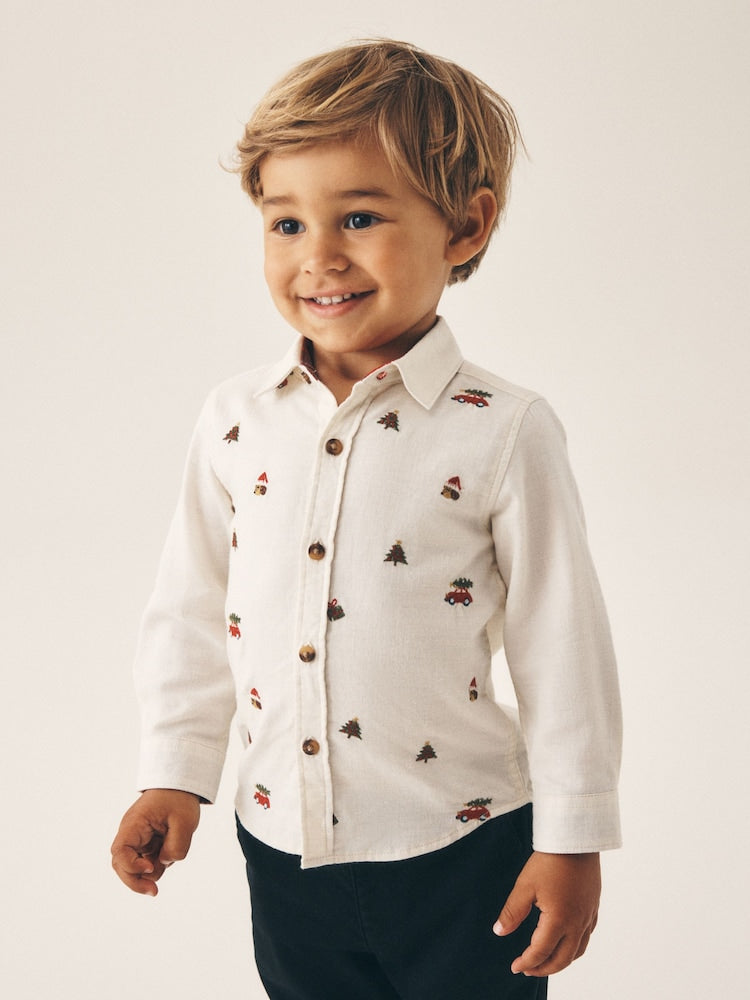 Ecru Long Sleeve All Over Embroidery Christmas Shirt (3mths-10yrs) - Ecru / 12-18 Months (80-86cm)