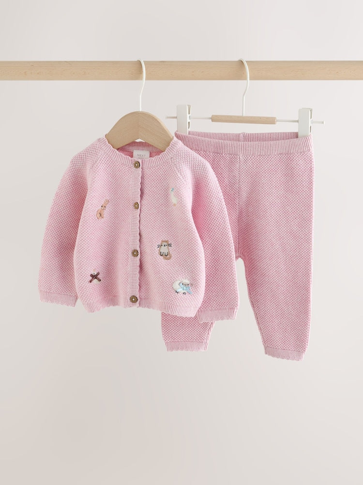 Pink Embroidered Character Baby Cardigan and Leggings Set 2 Piece (0mths-2yrs) - Pink Embroidered Character / 12 - 18 Months (80 - 86cm)