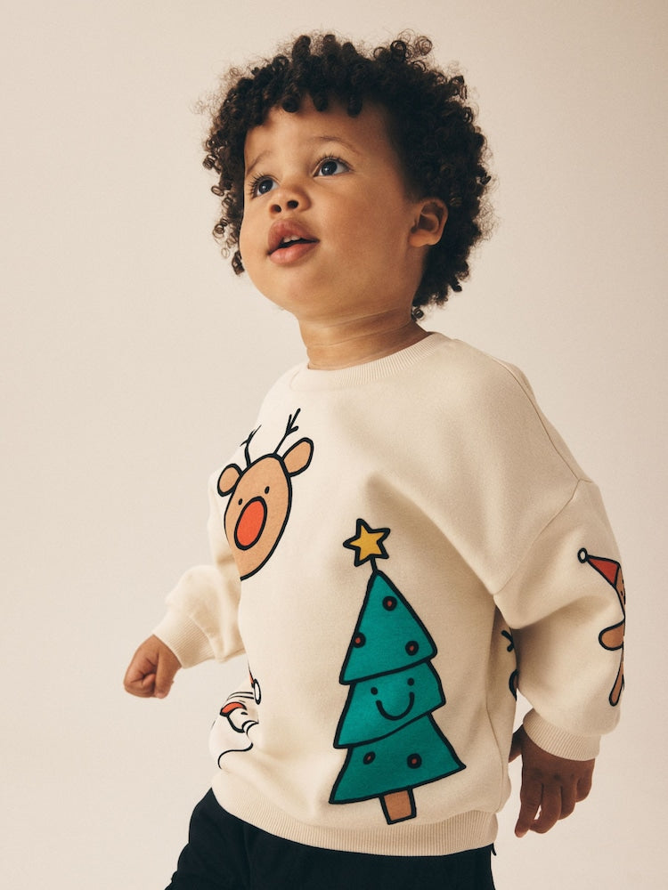 Ecru Christmas Crew Neck Sweat Top (3mths-7yrs) - Ecru Christmas Crew Neck Sweat / 12-18 Months (80-86cm)
