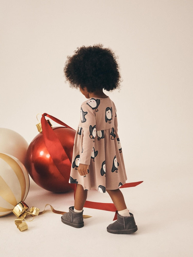 Neutral Penguin Long Sleeve Ribbed Dress (3mths-7yrs)