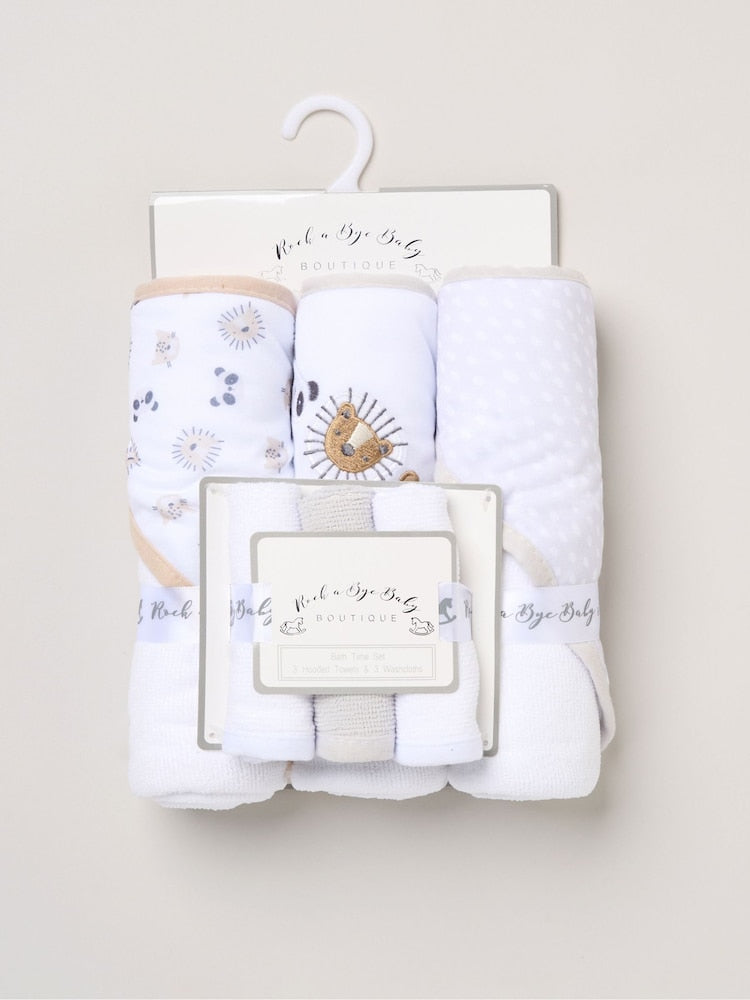 Rock-A-Bye Baby Boutique White Hooded Towels and Wash Cloth Set 3 Pack