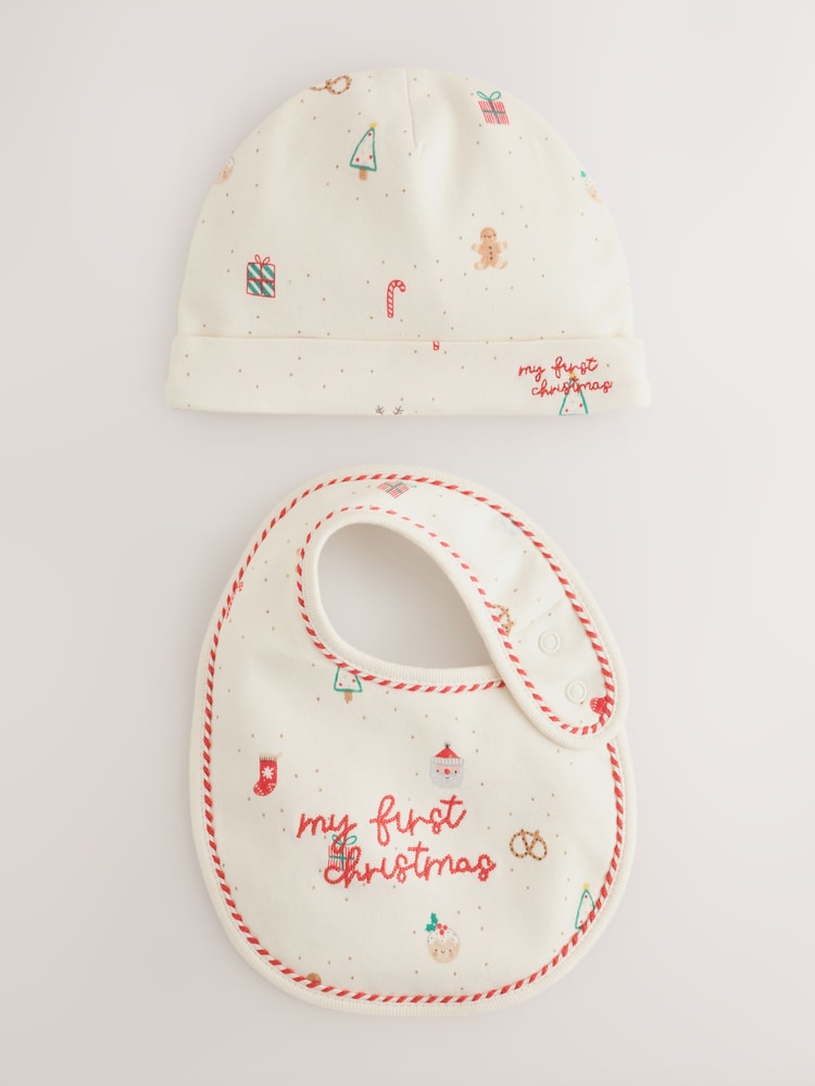 White/Red My First Christmas Baby Hat & Bib Set (0-12mths) - White/Red My First / Up To 3 Months (50 - 62cm)