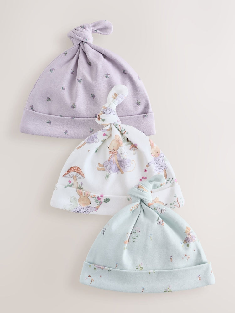 Lilac Fairy Mouse Tie Top Baby Hat 3 Pack (0-12mths) - Lilac Fairy Mouse / Up To 3 Months (50 - 62cm)
