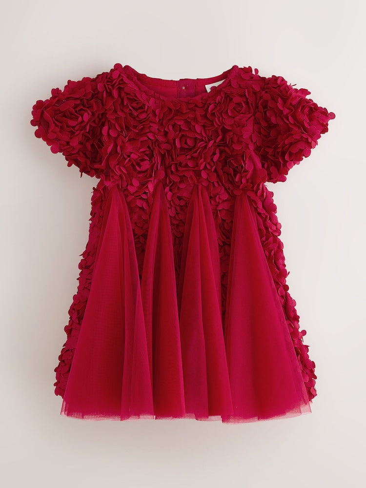 Baker by Ted Baker Red 3D Textured Floral Mesh Godet Dress