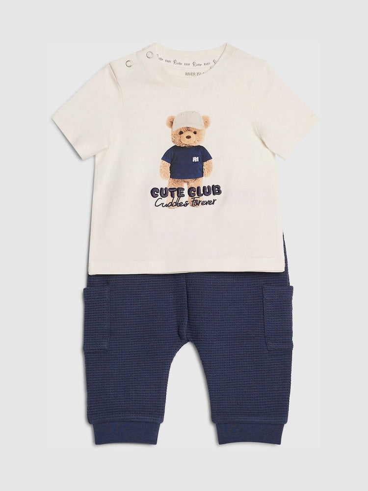 River Island Cream Cute Club Bear T-Shirt & Joggers Set