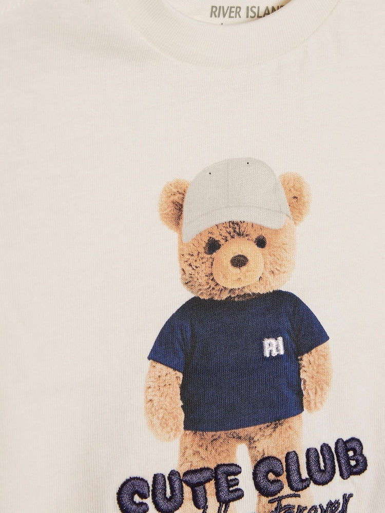 River Island Cream Cute Club Bear T-Shirt & Joggers Set