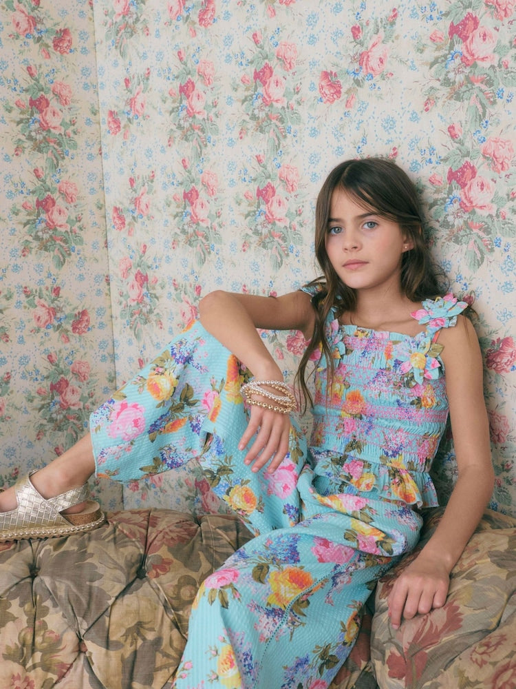 River Island Blue Cabbages & Roses Corsage Top & Trousers Set - Size 5 Years (110cm) - River Island Blue Cabbages & Roses Corsage