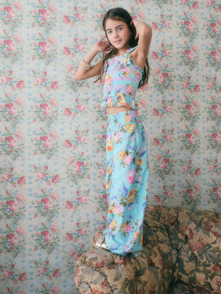 River Island Blue Cabbages & Roses Corsage Top & Trousers Set - Size 5 Years (110cm)