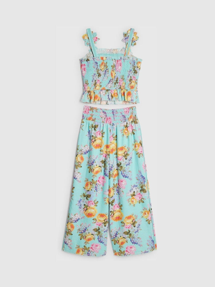 River Island Blue Cabbages & Roses Corsage Top & Trousers Set - Size 5 Years (110cm)