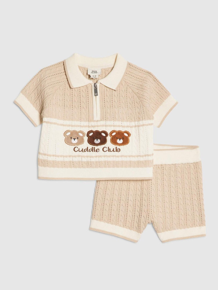 River Island Brown Knitted Bear Polo & Short Set