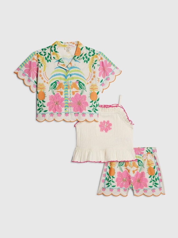River Island Pink Palm Parrot Shirt & Shorts 3 Piece Set