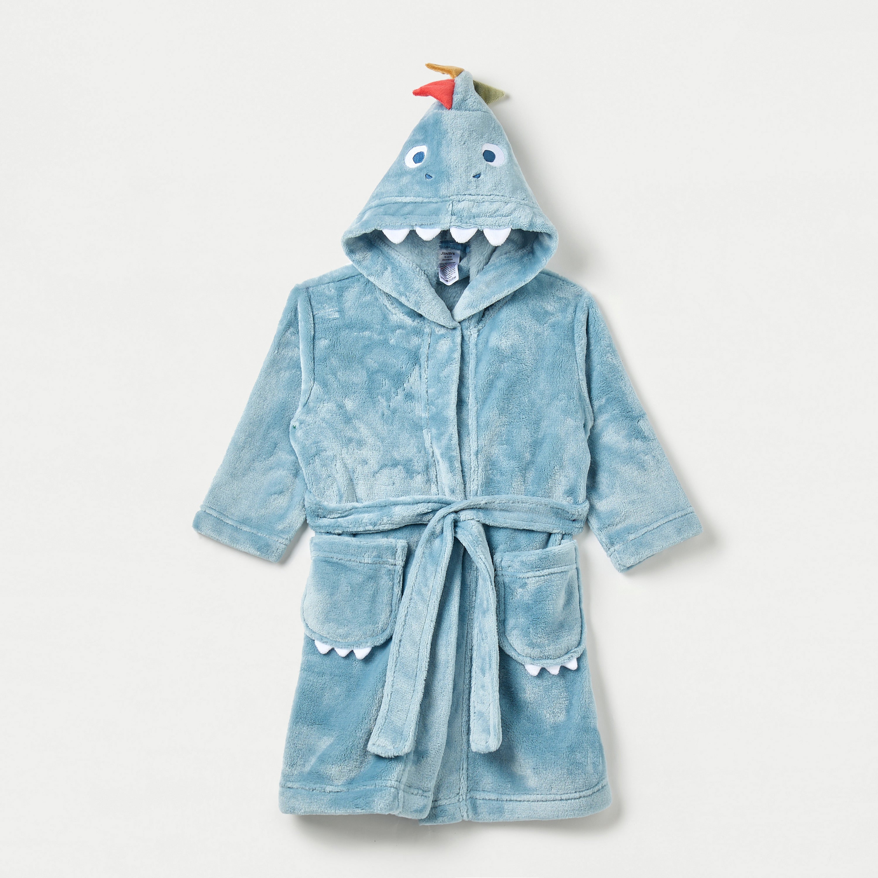 Juniors Dinosaur Hooded Bathrobe with Belt and Pockets - Blue / 12-18 mths
