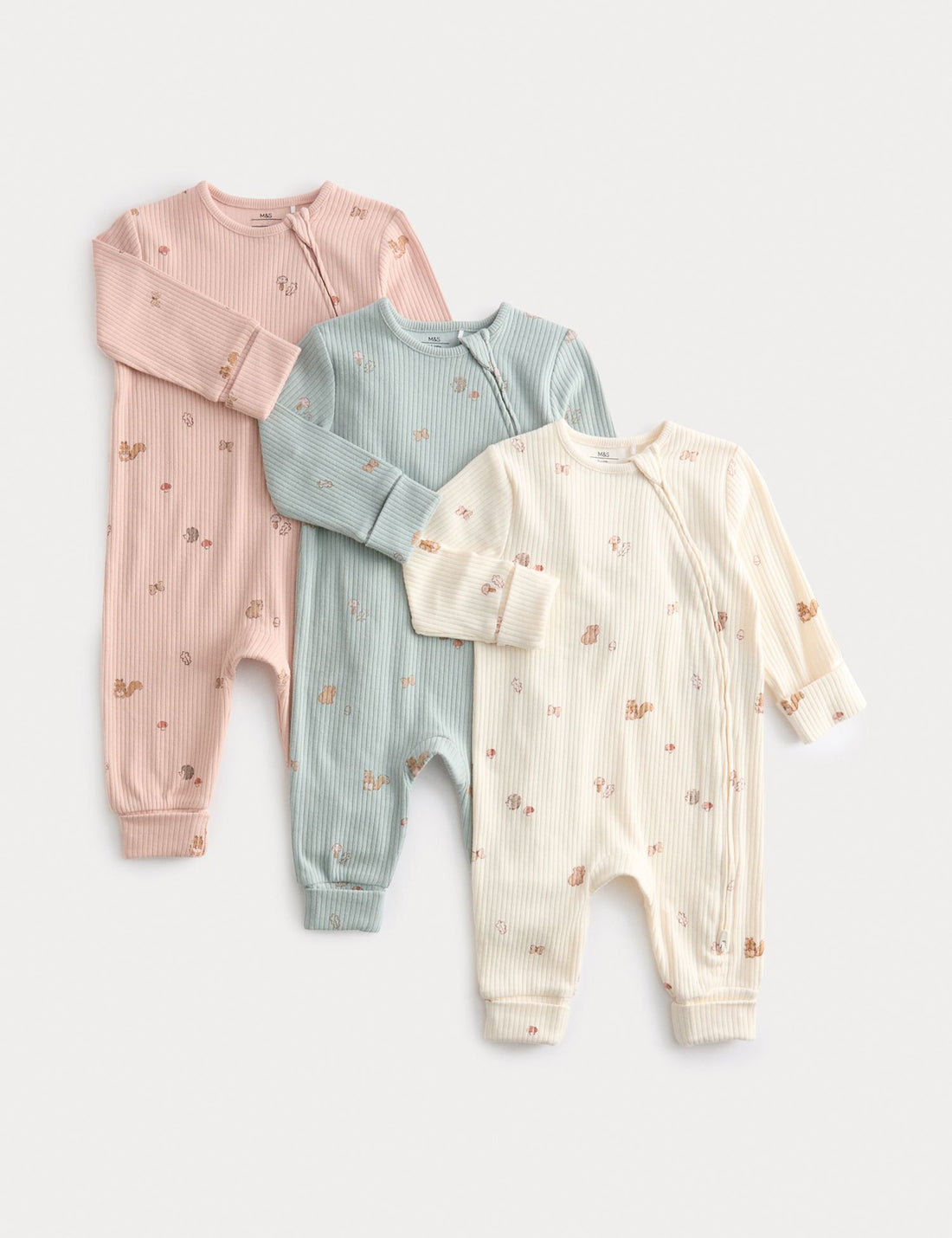 3 Pack Cotton Rich Woodland Print Sleepsuits (6&