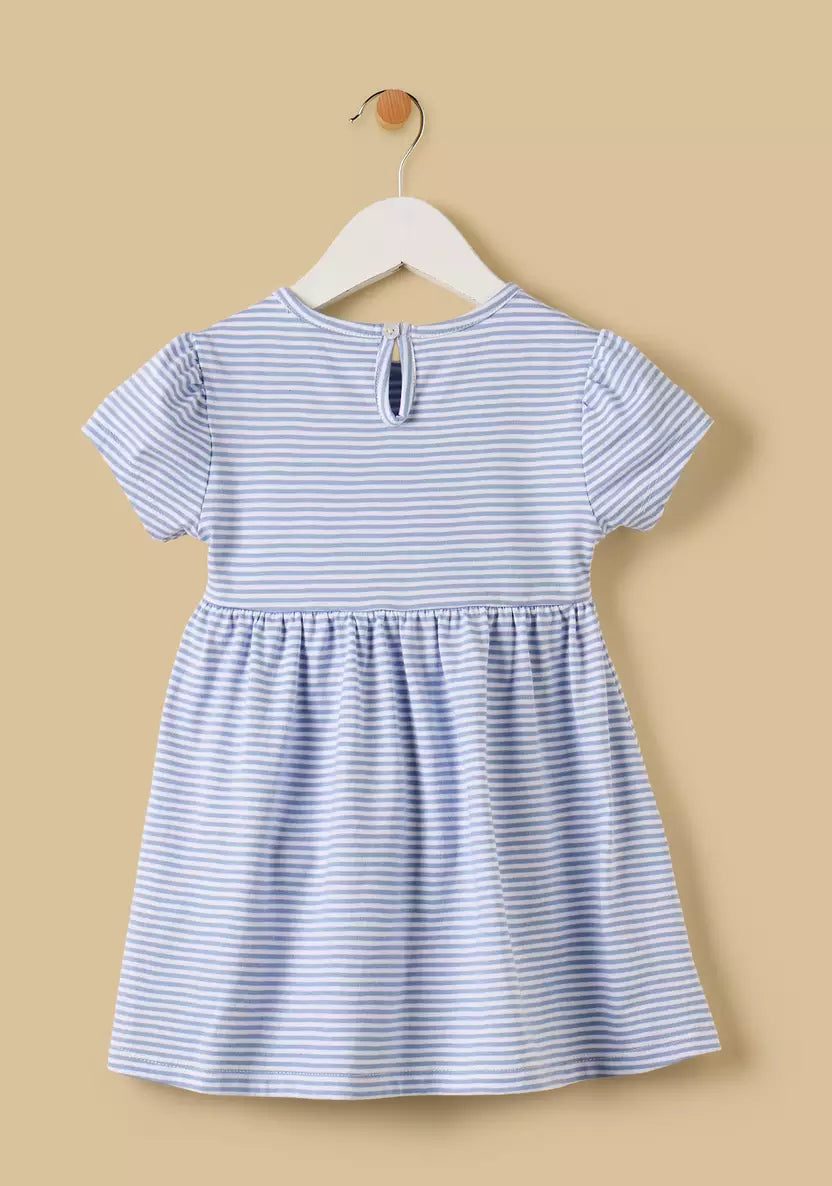 Cotton Striped A-line Dress with Pouch Applique