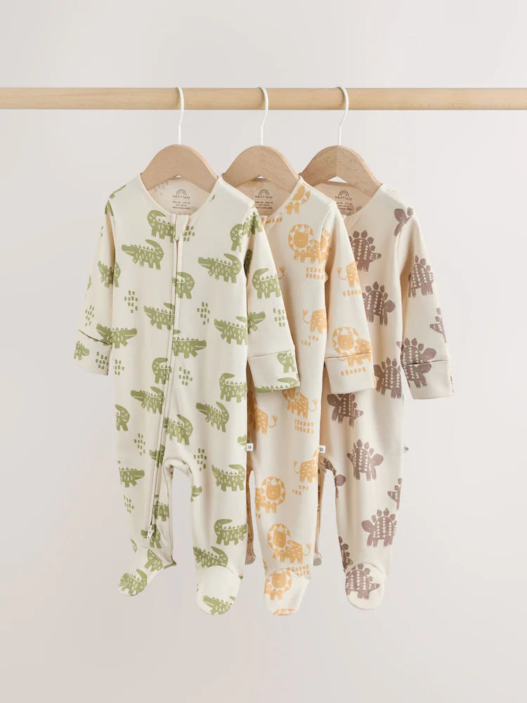 Multi Safari Two Way Zip Baby Sleepsuits 3 Pack (0mths-2yrs)