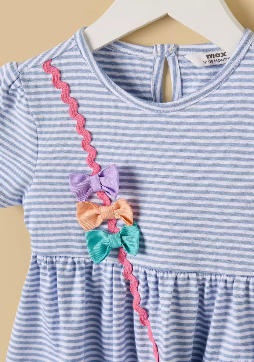 Cotton Striped A-line Dress with Pouch Applique
