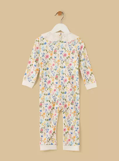 Floral Print Cotton Sleepsuit with Eyelet Collar