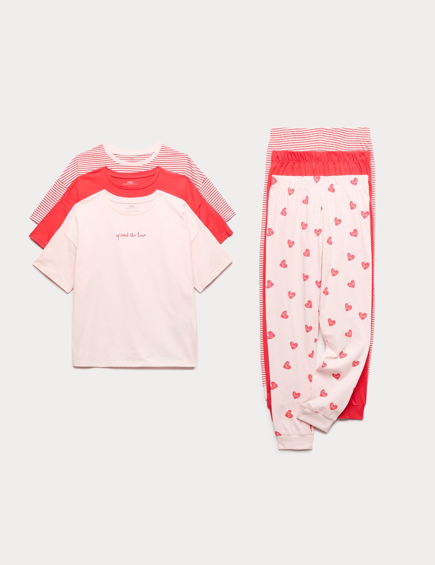 3 Pack Pure Cotton Hearts & Stripes Pyjama Sets (6-16 Yrs)