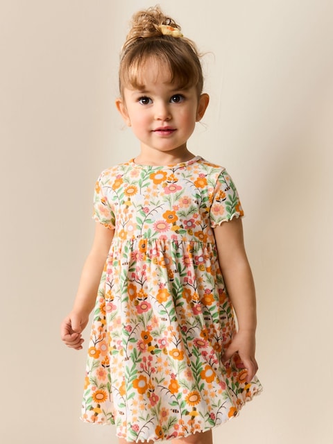 Orange Floral Short Sleeve Ribbed Dress (3mths-7yrs)