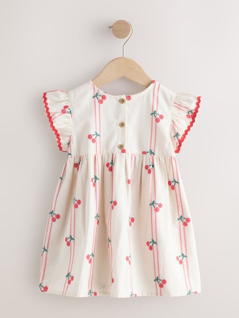 Red/Ecru Cherry Ric Rac Frill Sleeve Dress (3mths-8yrs)