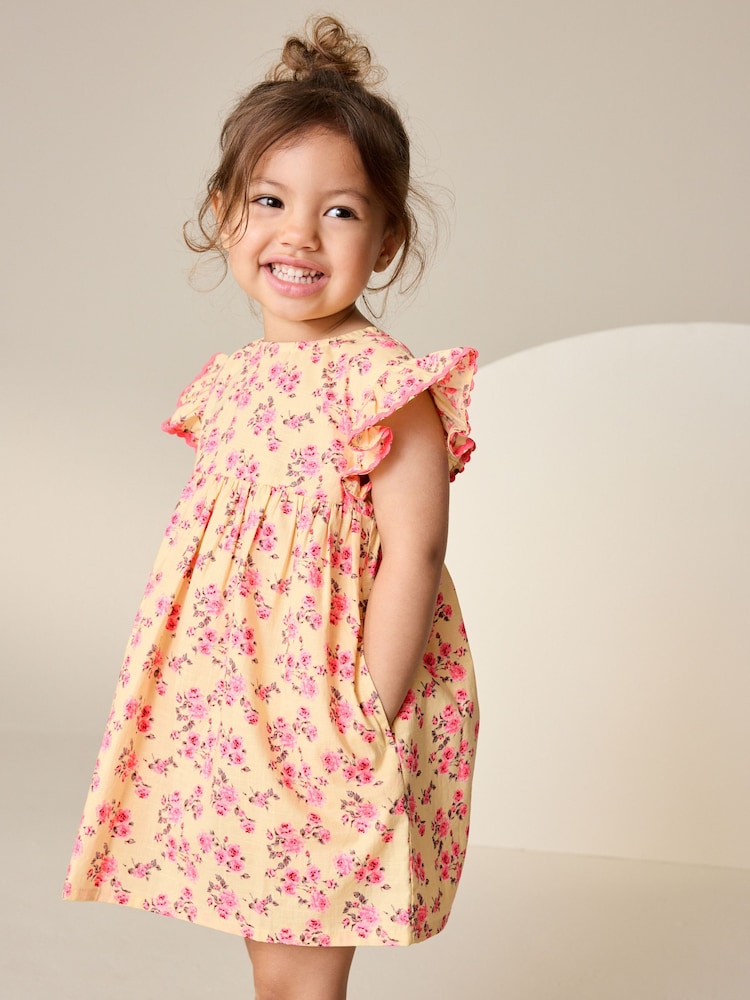 Yellow Ditsy Ric Rac Frill Sleeve Dress (3mths-8yrs)