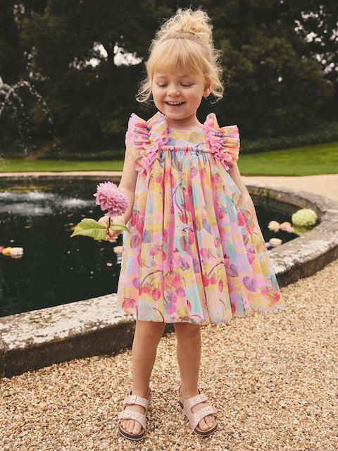 Pink Ruffle Shoulder Mesh Dress (3mths-7yrs)