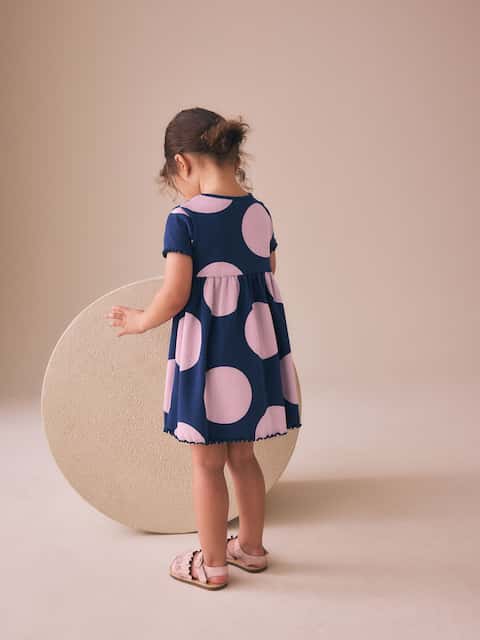 Navy Spot Short Sleeve Ribbed Dress (3mths-7yrs)