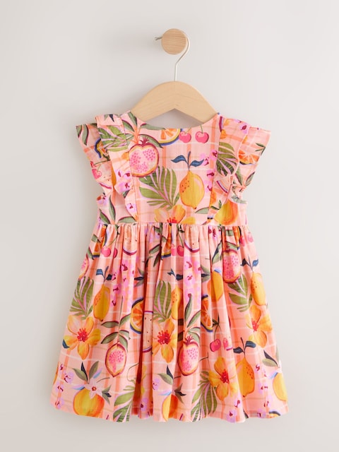 Peach Pink Tropical Double Ruffle Sleeve Dress (3mths-8yrs)