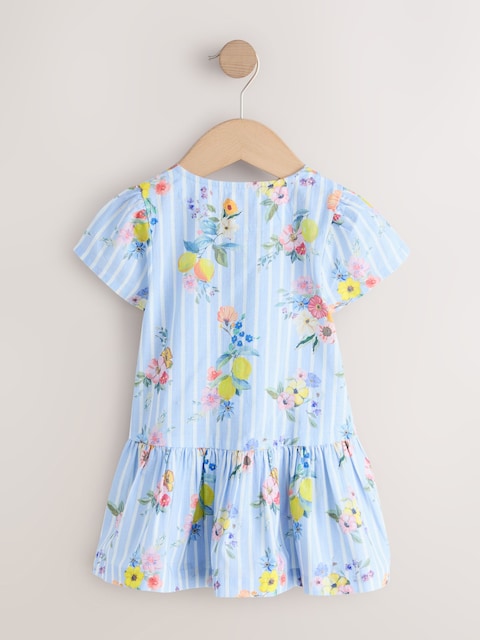 Blue/White Stripe Floral Short Sleeve Cotton Dress (3mths-8yrs)