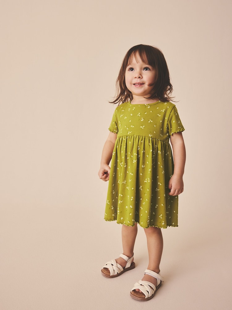 Olive Green Short Sleeve Ribbed Dress (3mths-7yrs)