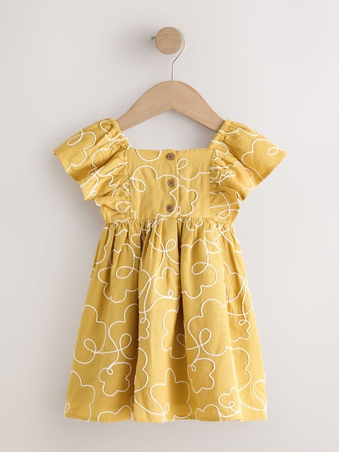 Ochre Yellow Embroidered Angel Sleeve Dress (3mths-8yrs)