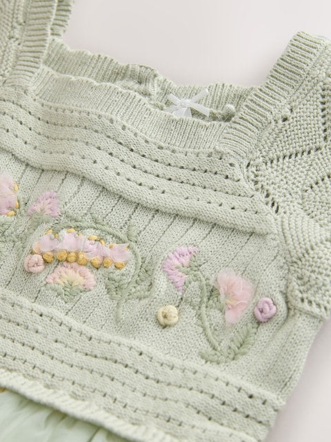 Sage Green Floral Crochet & Tulle Party Dress (3mths-10yrs)