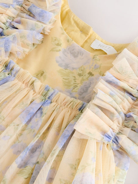 Yellow Ruffle Shoulder Mesh Dress (3mths-7yrs)