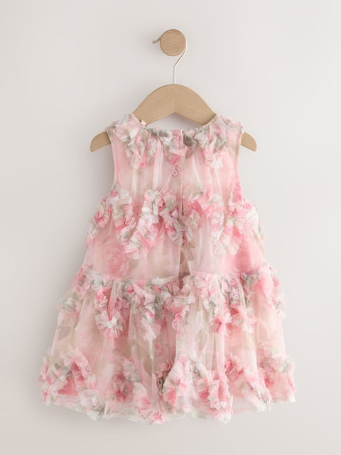 Pink Floral Sleeveless Mesh Dress (3mths-7yrs)