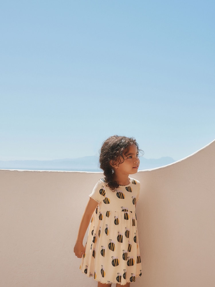 Cream Bumblebee Short Sleeve Ribbed Dress (3mths-7yrs)