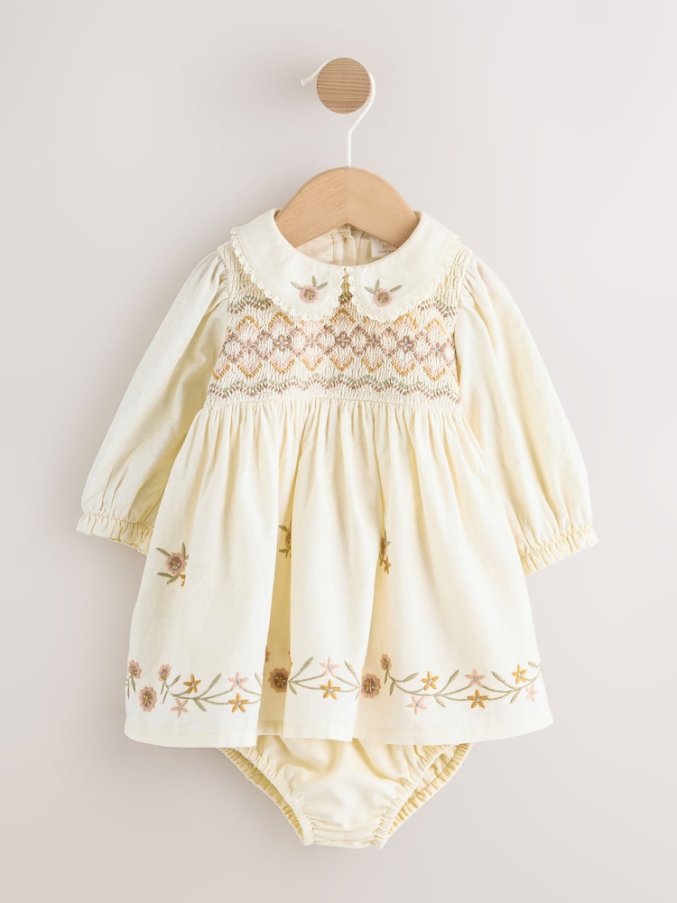 Cream Baby Embroidered Long Sleeve Dress and Knickers Set 2 Piece (0mths-2yrs)