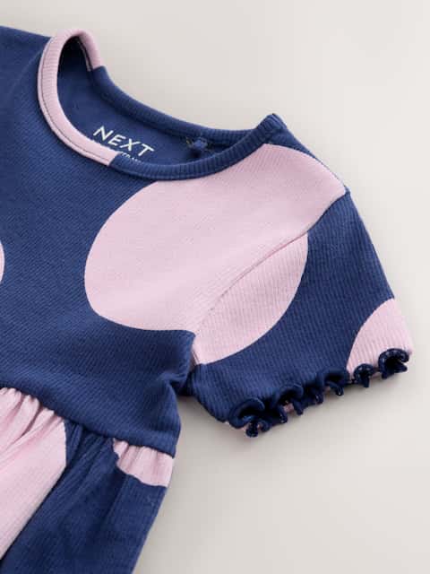 Navy Spot Short Sleeve Ribbed Dress (3mths-7yrs)
