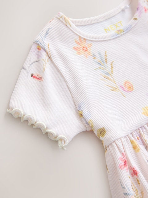 Cream Floral Short Sleeve Ribbed Dress (3mths-7yrs)