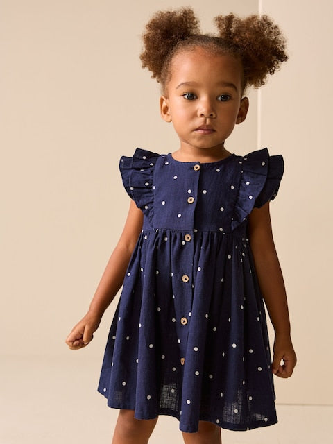 Navy Spot Double Ruffle Sleeve Dress (3mths-8yrs)
