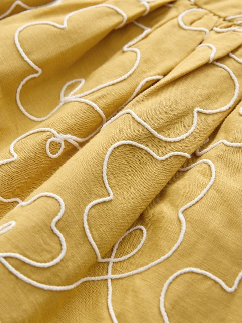 Ochre Yellow Embroidered Angel Sleeve Dress (3mths-8yrs)