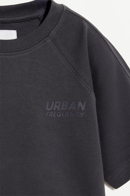 Interlock T-shirt with rubberised slogan