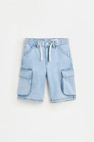 Wide-leg denim cargo Bermuda shorts