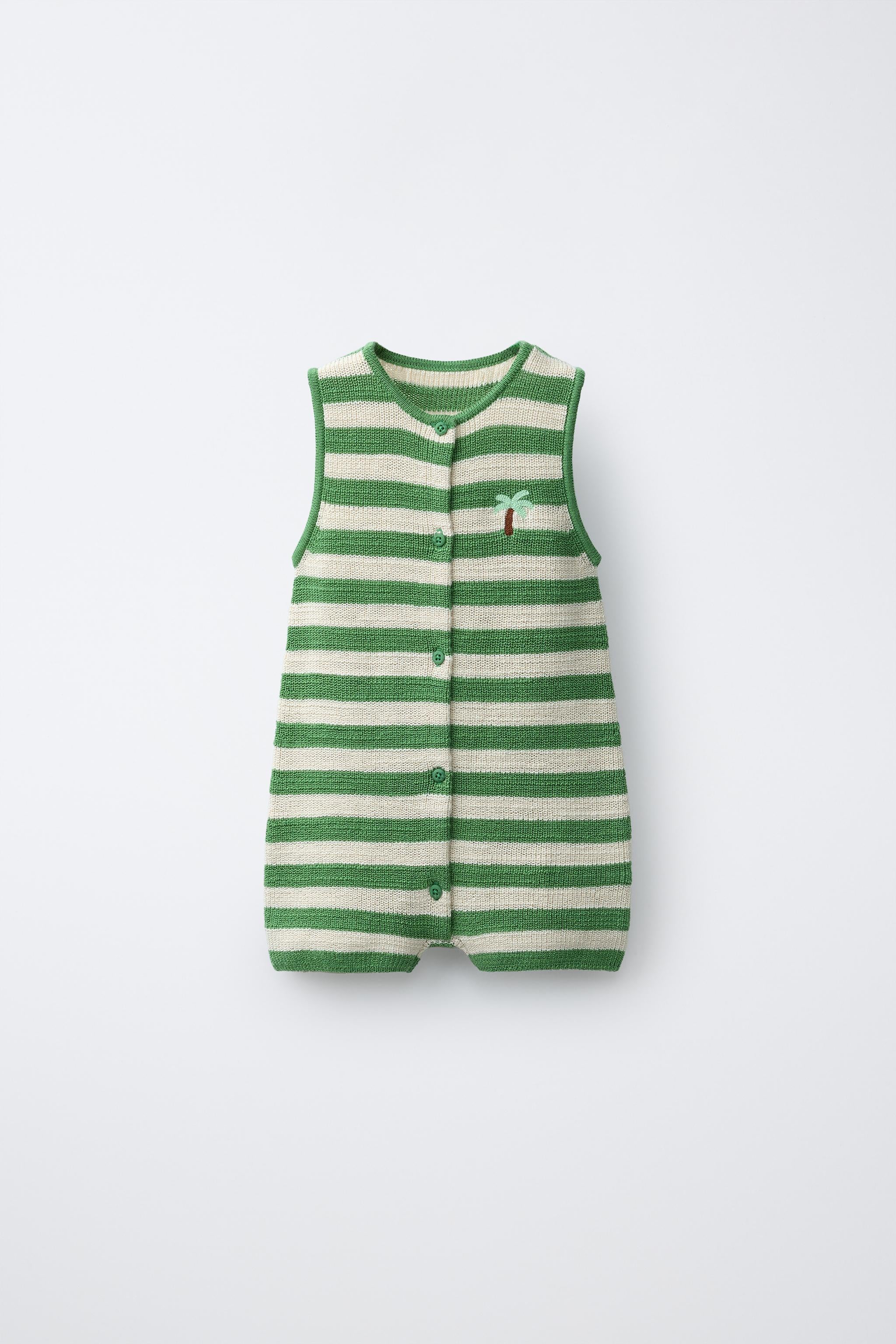 EMBROIDERED PALM TREE KNIT ROMPER - Ecru / Green / 12-18 months (86 cm)