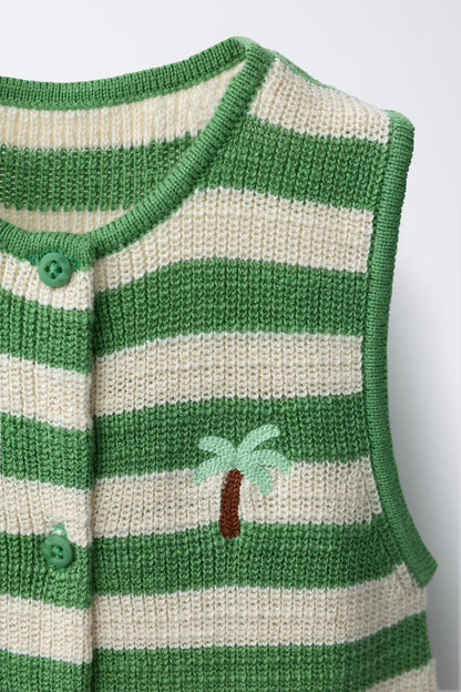 EMBROIDERED PALM TREE KNIT ROMPER
