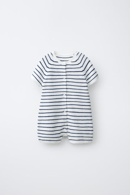 STRIPED PURL KNIT PLAYSUIT - Ecru / Blue / 12-18 months (86 cm)