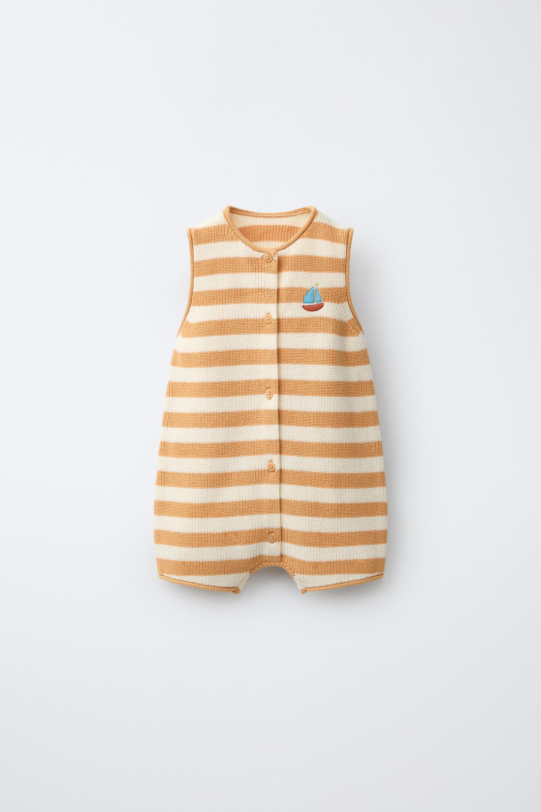 KNITTED STRIPED ROMPER WITH EMBROIDERED BOAT